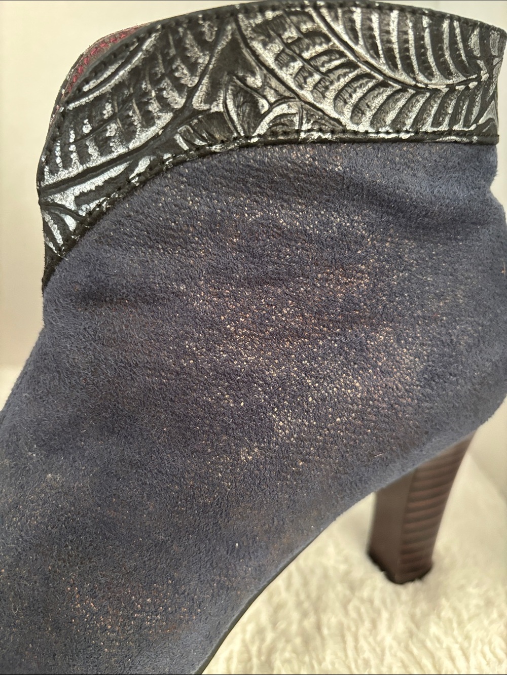 Women's Navy Suede Ankle Booties with Textured Trim - Picture 4 of 7